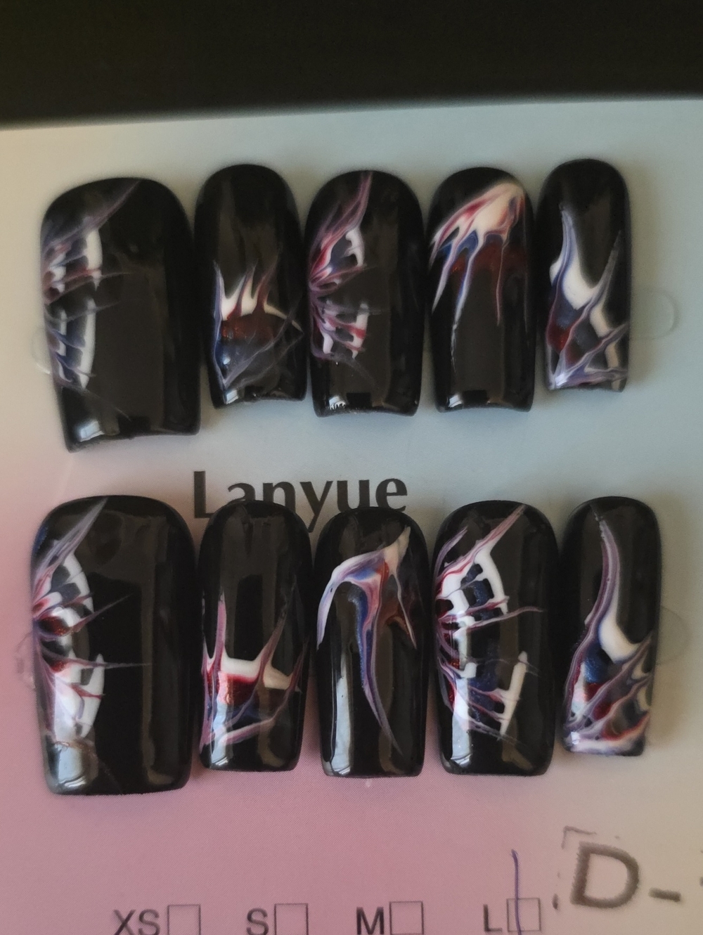 Black Marble Press-On Nail Set with Pink & White Accent Large 05458